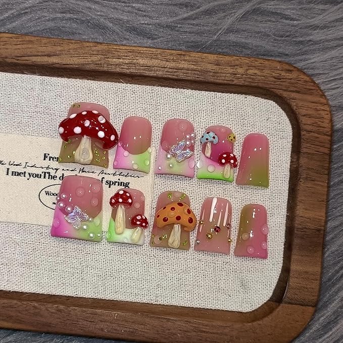 Duckbill Coffin Ballerina Shape Fake Nails,Ombre French Tips Press on Nails 10 Pcs with Tool Kit,3D Butterfly Mushroom Embossed Design Glue on Nails with Pearl & Rhinestone Cute Fake Nails(M)