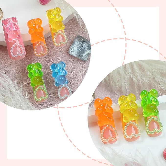 Square Press on Nails Long Fake Nails Color French Tip Acrylic Nails Press Ons With Cute Glue on Nail 3D Bear Charm Design False Nails Glossy Full Cover Artificial Nail for Women and Girls 24pcs