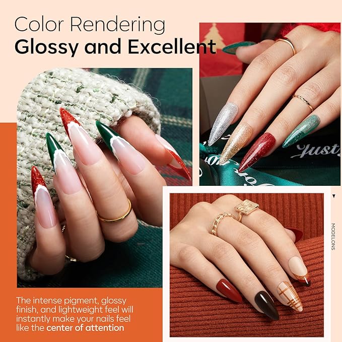 Modelones Christmas Dip Powder Nail Kit 20 Colors, Red Green Brown Orange Glitter Dipping Powder Starter Set Base&Top Activator Liquid French Nail Art Salon DIY Kit Gifts for Women