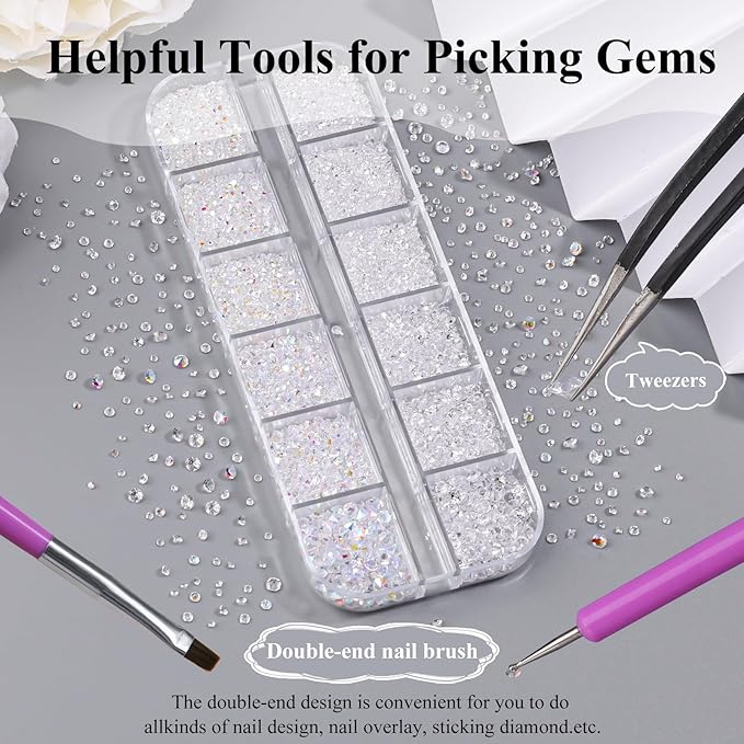 6800Pcs White AB Resin Rhinestones, 1.5mm 2mm 3mm Pointed Bottom Crystals Stones Diamonds Nail Gems Bedazzler Kit with Pickup Tools for Nails Face Eyes Makeup Tumblers Crafts (25-K1-pointed-white)