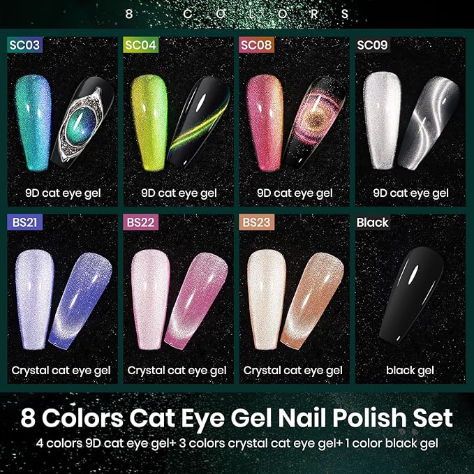 MIZHSE Cat Eye Gel Nail Polish Set 8 Colors with Magnet Stick: 9D Cat Eye Gel Polish and Shiny Wide Cat Eye Gel Set, Classic Holographic Glitter Galaxy Colors Gel Nail Kit for Nail Salon Home DIY