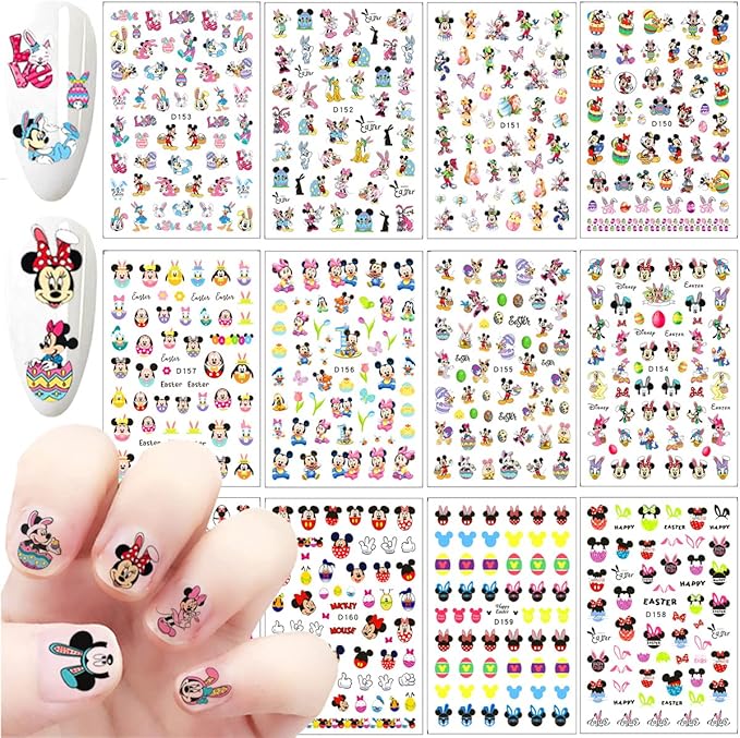 12 Sheets Cute Cartoon Nail Art Stickers Decals 3D Easter Self-Adhesive Nail Decals Cute Easter Eggs Bunny Rabbit Nail Design for Women Acrylic Nails Decoration Accessories