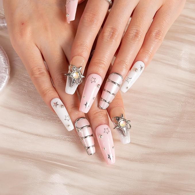 LOVFUL Press on Nails Stargaze | Handmade with Full Covered Crystals | Reusable Full Cover Nails | Coffin Classic Regular 1.3 in | H300-S