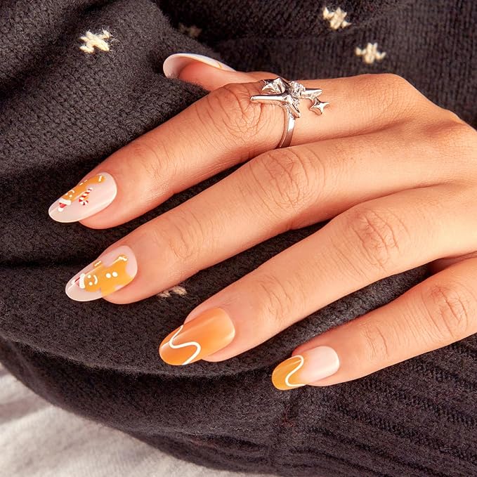 KISS Voguish Fantasy Holiday Press On Nails, ‘Holly Nights’, Brown, Medium Oval, No Damage To Natural Nails, Pink Gel Nail Glue (2g), Mini Nail File, Manicure Stick, & 28 Fake Nails