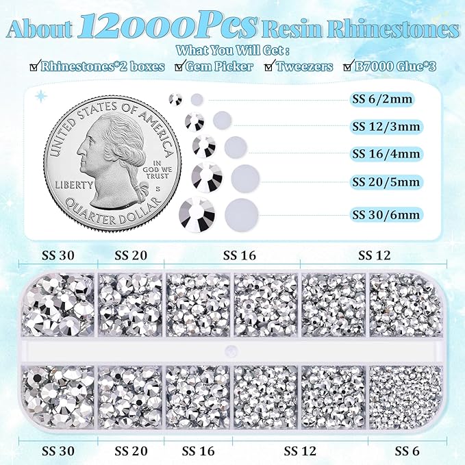 12000Pcs Resin Rhinestones for Bedazzling with 3Pcs B7000 Jewelry Glue, 2 Boxes Silver Flatback Rhinestones for Crafting Crafts DIY, Crystals Gems for Clothing Shoes Tumblers Nail Art Makeup