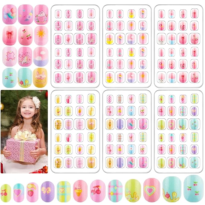 144 Pcs Kids Press on Nails - Short Acrylic Fake Nails with Cute Designs for Girls Age 8-12, Easy Stick On Nail Art Kit (A)