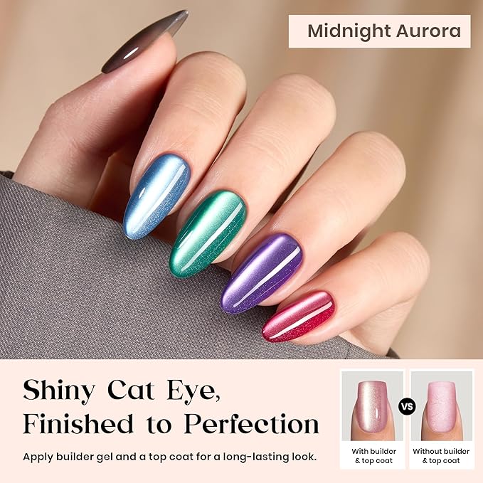 Beetles Cat Eye Press On Nails - Midnight Aurora | 7 Colors Medium Almond Press On Nails | 16 Sizes 224 Pcs Natural Salon Quality For Red Blue Purple Nails