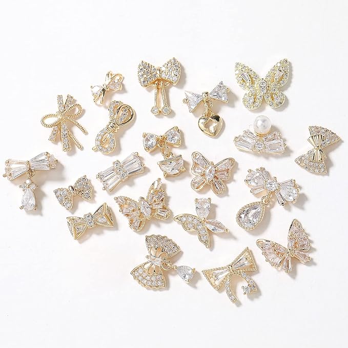 HNUIX Butterfly Nail Charms and Gems - Gold Copper Zircon, Multiple Shapes, Metal Bow-Knot Jewelry Rhinestones Charms, 27Pieces