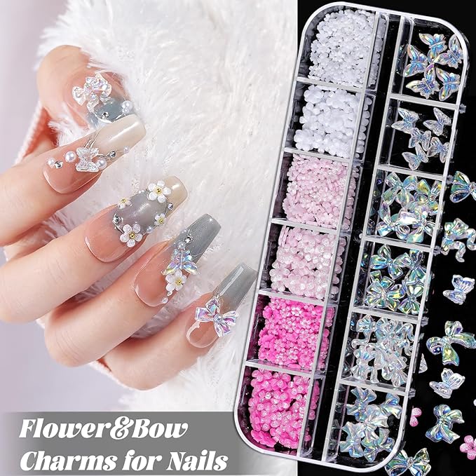 Nail Charms and Gems, Nail Art Kit with 30 Sheets Flower Nail Stickers, 6 Boxes 3D Nail Charms Colorful Clear Flatback Rhinestones Pearls, Diamonds,Picker Tools,Beads Pearls for Nails Art