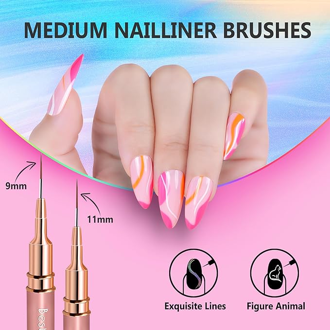 Nail Art Liner Brushes, 5Pcs Professional Gel Polish Painting Art Design Pen Set for Long Lines, Thin Details, Fine Drawing Sizes 5/7/9/11/20mm Nail Art Design Gift for Women(Champagne Gold)