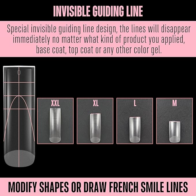 NOVO OVO Halloween XXL Slightly Curved Sharp Square Nail Tip, Extra Thick Natural Curve False Nails Press on, Full Cover Soft Gel Extension Fake Nail Acrylic French Tip Auxiliary Line x 15 Size 240pc