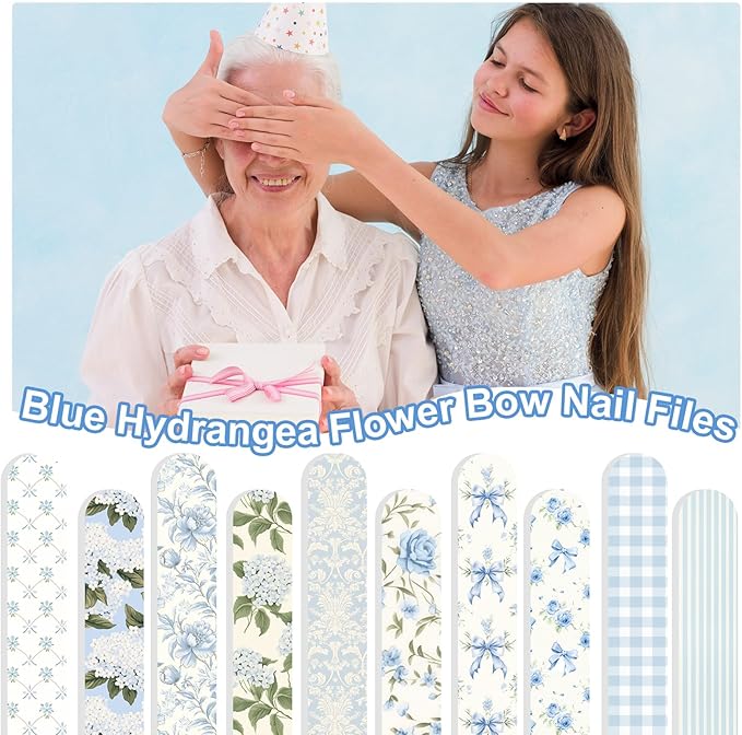 AnyDesign 50 Pcs Spring Nail Files Double-Sided Emery Board Manicure Tools Blue Hydrangea Flower Floral Bow Fingernails Shaping Buffing Smoothing Filers for Girl Women Gift Supplies