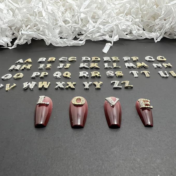 52 Pcs 3D Silver and Gold Nail Charms Letters Initial Charms for Nails Nail Letter Charms Alphabet Rhinestone Letter Nail Charms for Nail Art Design Decoration DIY Craft