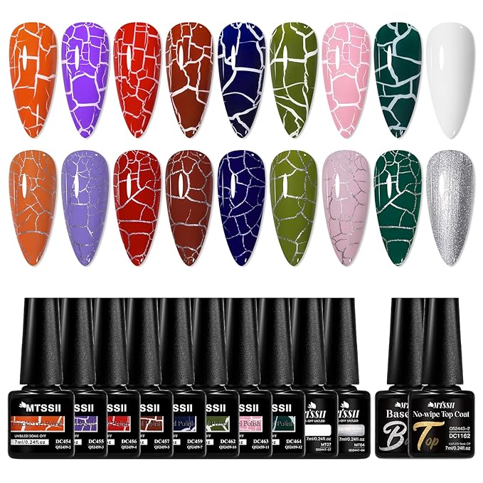 MTSSII 12pc Crackle Gel Nail Polish Set - 8 Colors (Red, Purple, Orange, Pink, Green, Blue) + White & Silver Gel Polish - Air Dry & UV LED Lamp Needed