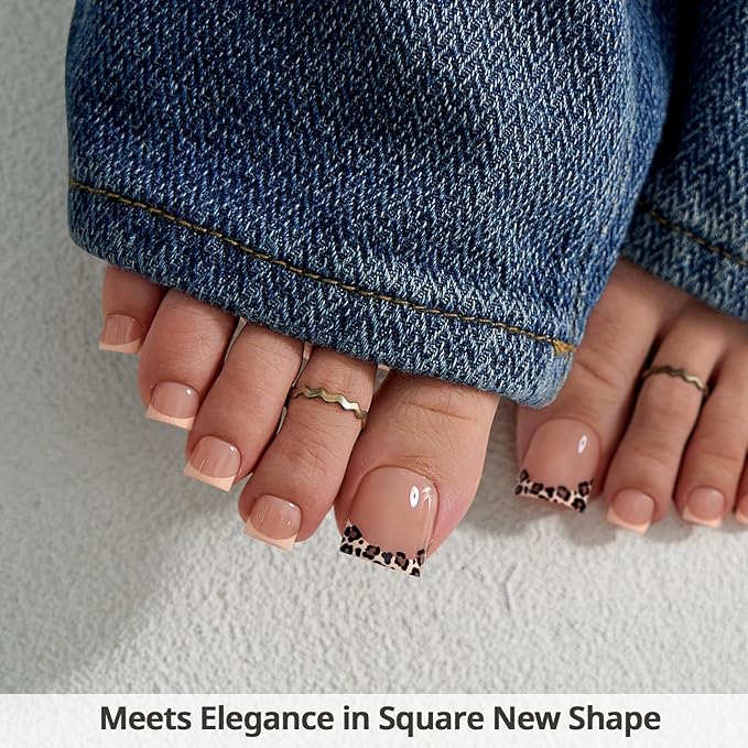 BTArtbox Press On Toenails - Lamp-Curable Sharp Square French Tip Toe Nail Press Ons with Glue for Women, Semi-Transparent Fake Toe Nail Tips in 15 Sizes - 30 Toenails Kit, Leopard