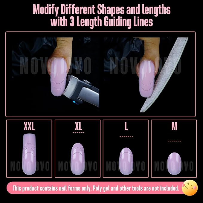 NOVO OVO Helloween Curved Square Nail Dual Forms for Poly Gel Extension with Guiding Line Inside, M L XL Reusable Full Cover Acrylic/Builder/Hard Gel Polygel Molds for Salon DIY x 15 sizes 150 Pcs