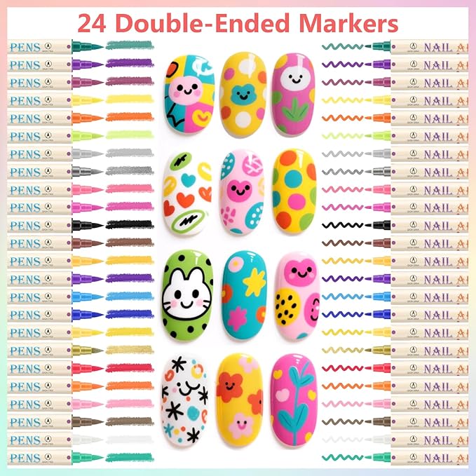 24 Colors Nail Art Pens Set, 3D Nail Polish Pens Quick-Drying Acrylic Paint Markers,For Nail Art Drawing Painting Nail Point Dotting Liner Pen, Nail Design Kit Manicure Tools Home & Salon DIY
