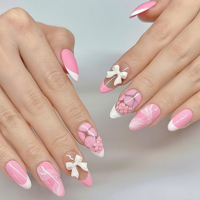 Handmade Press On Nails Medium Almond Baby Pink with White French Tip, Flower 3D Bow & More | Reusable Soft Gel Nails in 12 Sizes-24 Nail & Kit with Glue | Designed in L.A | Rosy Whispers