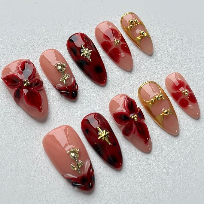 Luxury Press on Nails Medium Almond Handmade 3D Unique Reusable ABS Material Fake Nails French Tip False Nails with Designs Red Floral Glossy Glue on Nail Thick Acrylic Nail(S)