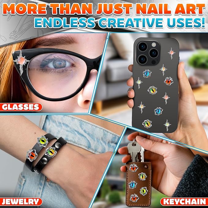 24 Pcs Dragon Eye Charms for Nails – 3D Silver Cross Nail Charms and Gems with Bright Crystals, Easy-to-Apply Art Kit – Stunning Nail Decor for Unique & Creative Manicures