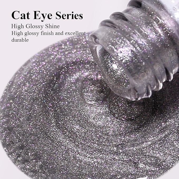 Imtiti Cat Eye Gel Nail Polish, 15ML Silver Holographic Glitter Cat Eye Gel Polish with Magnet UV LED Magnetic Crystal Galaxy Sparkly Home DIY Manicure