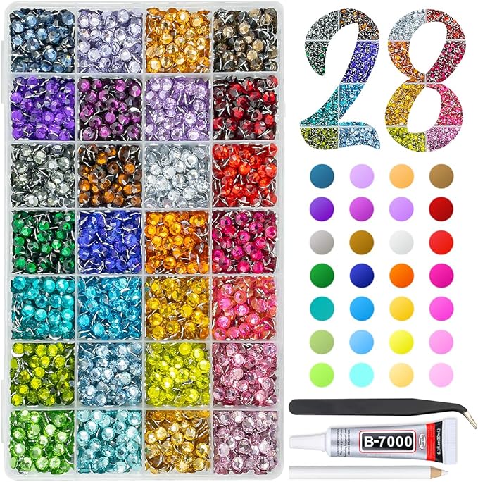 28 Color 6mm Crystal Resin Rhinestones w B7000 Glue for Bedazzling Crafting SS30 Flatback Colorful Stones Crystals Gems Diamonds Bedaazler Kit for Nails Eyes Face Makeup Tumblers Bottles Crafts