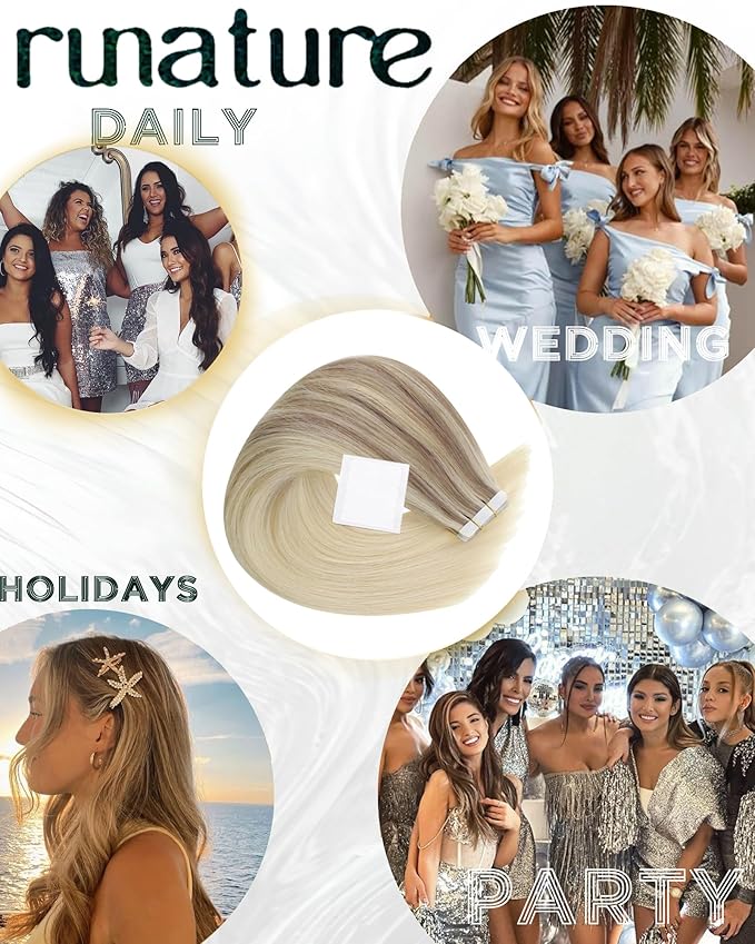 RUNATURE Tape in Extensions Human Hair Balayage, Real Human Hair Tape in Extensions, 16 Inch Ombre Blonde Tape in Hair Extensions, Full Head Natural Hair, Ash Blonde Fading to Light Blonde 50g 20pcs