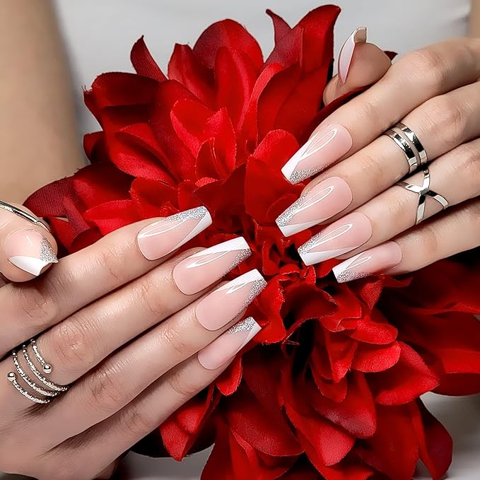 Hypnaughty 24 Pcs Modern Glittery French Luxury Coffin Press On Nails with Holographic Glitter Design and Glue Medium Long False Nails with White and Silver Tips (Modern Glittery French)