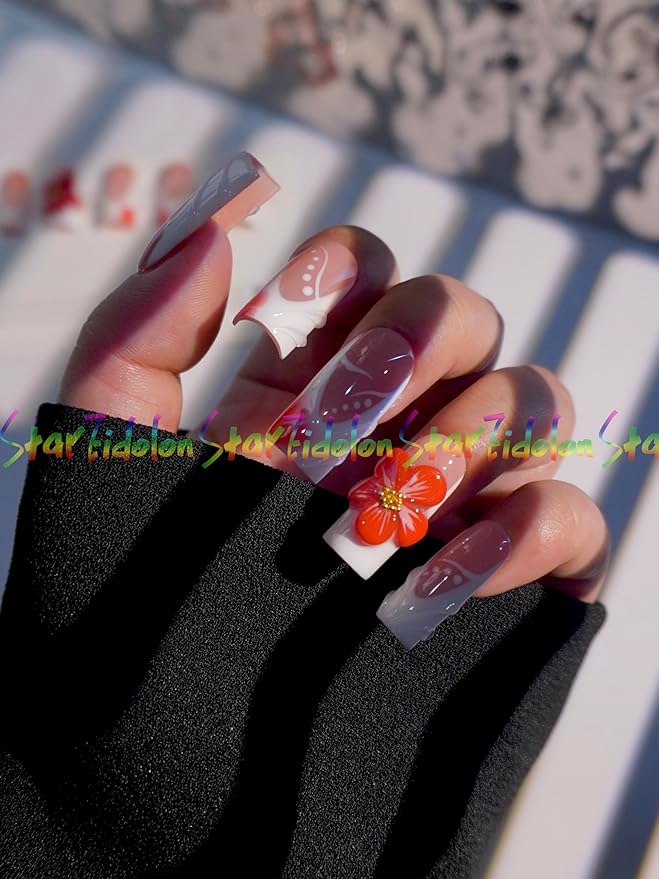 HAND-PAINTED White Press Ons Neon Small Press on Nails Long French Press on Nails Coffin Medium Short Nail art Fake Nail Art Kit with 7g Glue on Nails Handmade Almond Square Nails (Custom, J4)