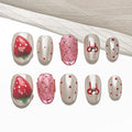Sun&Beam Nails Handmade Press-on Short Squoval Round Pink Red White Green Flower Strawberry Dot Design Fashion False Nail Tips 10 Pcs Set (#174 M)