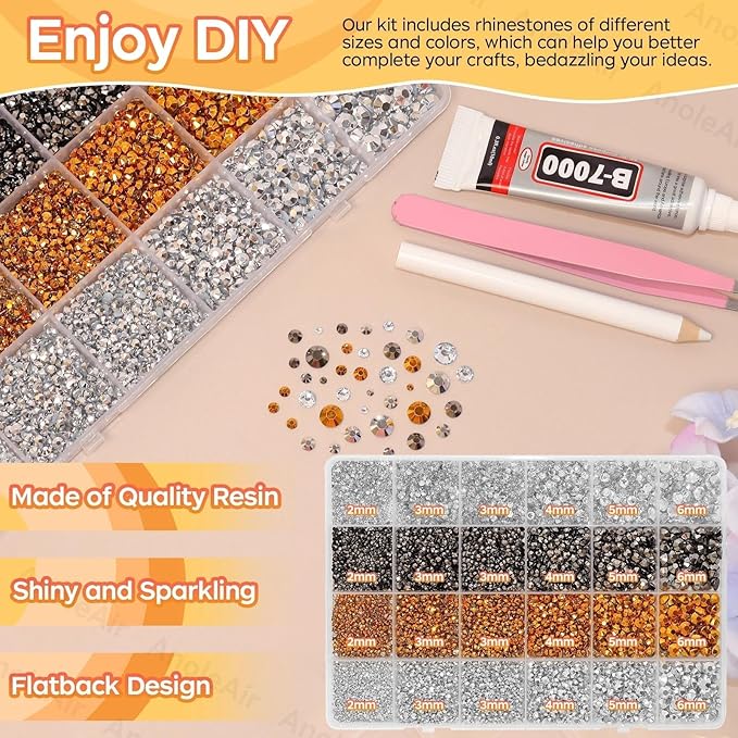 26000PCS Gold Silver Black Flatback Rhinestones for Crafting, Resin Rhinestones for Bedazzling Kit, 2/3/4/5/6mm Flatback Gems Jewels for DIY Mugs Tumblers Clothing Shoes Nail Art