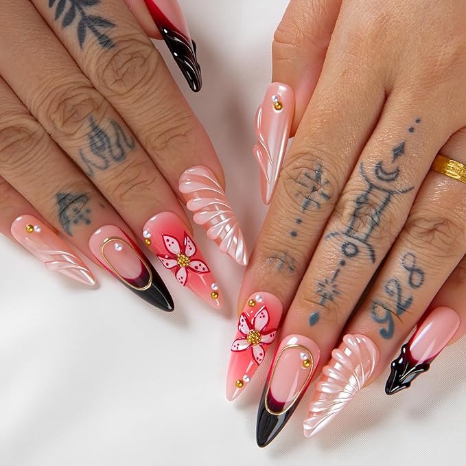 LOVFUL Short French Tip Press on Nails Crimson Veil | Handmade Acrylic Press ons| Reusable Fake False Nails | Stiletto Classic Regular 1.3in | H707-S