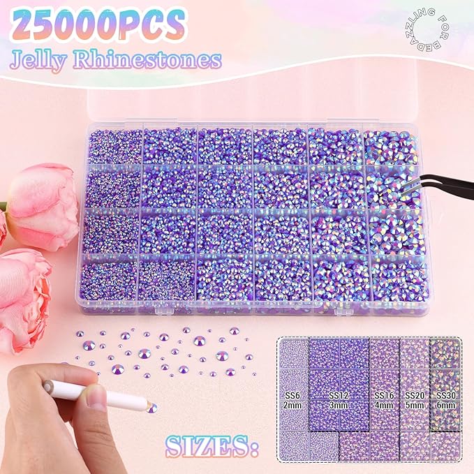 25000Pcs Dark Purple AB Rhinestones for Bedazzling with B7000 Jewelry Glue, Non Hotfix Flatback Gems, Crystal Resin Rhinestones for Crafting Crafts Clothing Tumblers Mugs Shoes Fabric Decor Nail Art