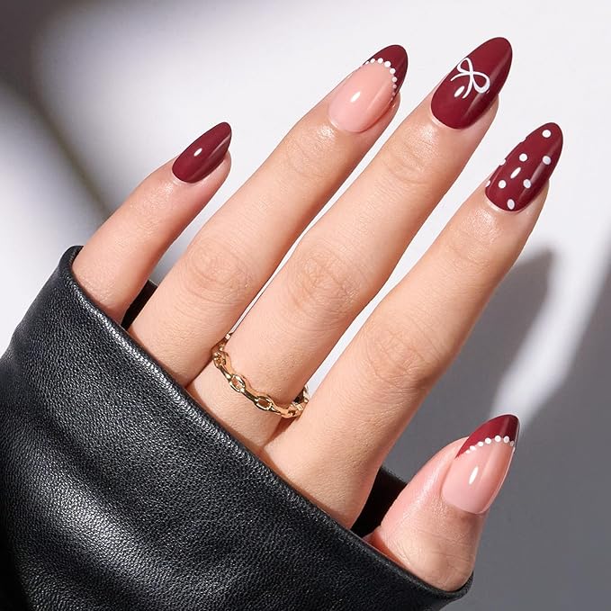 Modelones Dark Red Press on Nails Almond, Burgundy French Tip Polka Dot Bow Short Fake Nails, Reusable Nail Kit with Nail Glue Adhesive Tabs Nails Press Ons 32Pcs 16 Sizes, Women Girl Gift
