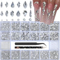 Nail Art Rhinestones - 12 Types of 600 Crystal White Diamonds, 3D Flatback DIY Pearls, Gems, Beads, Flat Back Stones Set, with Kit, for Nail Art Decor