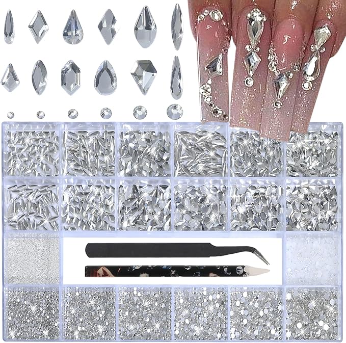 Nail Art Rhinestones - 12 Types of 600 Crystal White Diamonds, 3D Flatback DIY Pearls, Gems, Beads, Flat Back Stones Set, with Kit, for Nail Art Decor