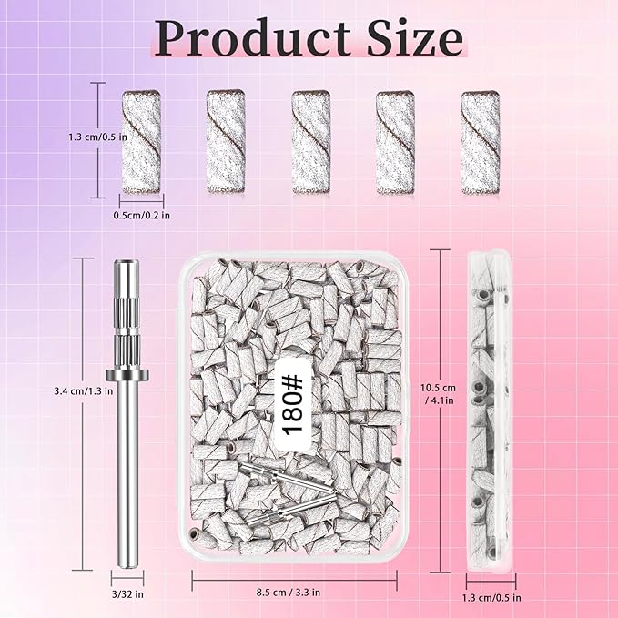 180 Grit Mini Sanding Bands for Nail Drill, 200 Pcs White Aluminum Oxide Sanding Bands for Nails, Gel/Acrylic with 2 Pcs Mandrel Bits, 3.1 MM Nail Drill Bits for Manicures and Pedicure