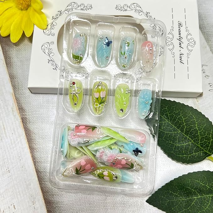 3D Flower Press on Nails Short Almond Fake Nails with Rhinestones Pearls Butterfly Bow Designs Spring False Nail Acrylic Artificial Fingernails Summer Stick on Nail for Women 30Pcs