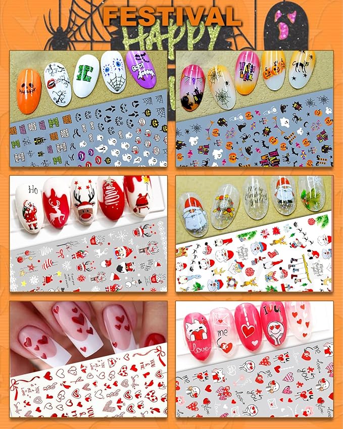 30 Sheets All Holiday Nail Art Stickers, Variety Pack Seasonal Nail Decals, Self-Adhesive Colorful Design for Daisy Flowers Butterflies Star Halloween Christmas