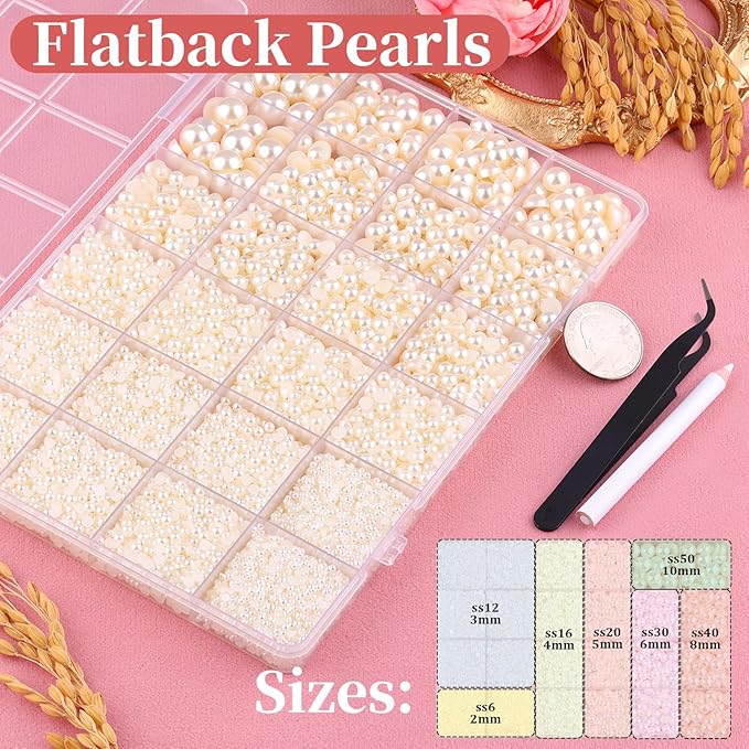 13000Pcs Flatback Pearls for Crafting (Ivory White/Beige), Assorted Size 2/3/4/5/6/8/10mm Half Pearl with 3Pcs 10ml B7000 Jewelry Glue, Bedazzling Bead for DIY Crafts Clothing Tumblers Shoes Nail Art