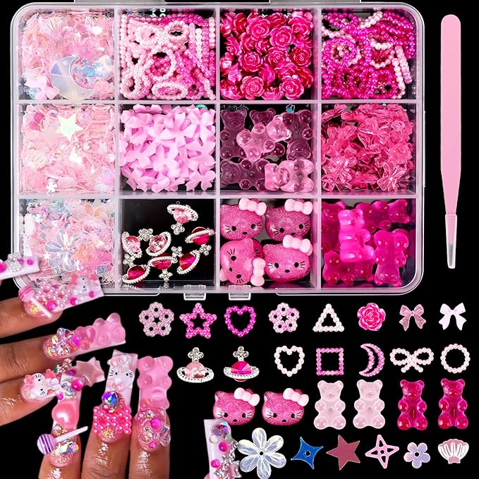 3D Pink Nail Charms Bulk Gummy Bear Butterfly Bow Assorted Nail Charms Set Planet Cherry Gems Cute Heart Star Pearls Nail Charms for Nail Art DIY Supplies Accessories