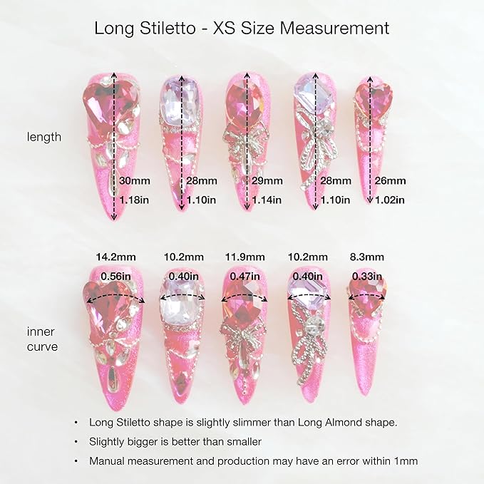 [GLORS] Luxury Press-On Nails, Pink Glitter False Nails with Rhinestones and Pearl Chain in Long Stiletto, 10 Pieces (XS, LS)