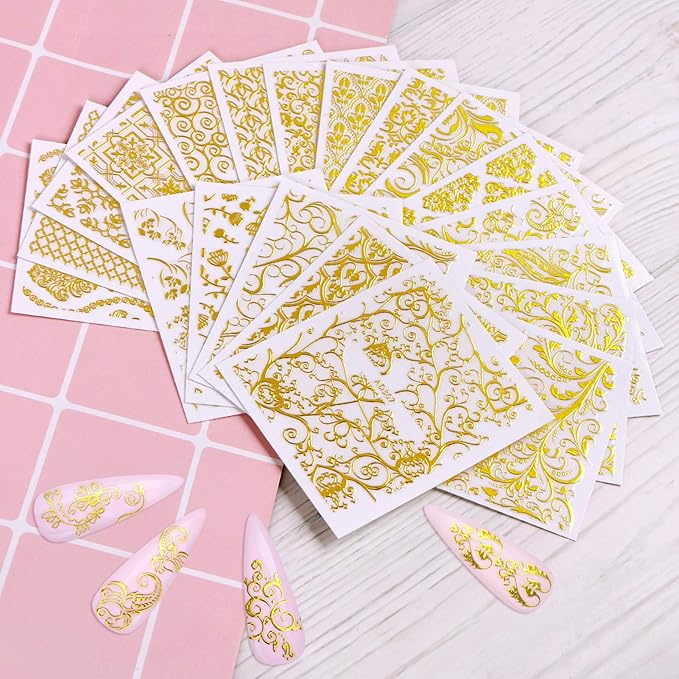KISSBUTY Metallic Flowers & Vine Nail Decals - 20 Sheets 3D Flower Lace Adhesive Stickers - Gold Floral Nail Decor