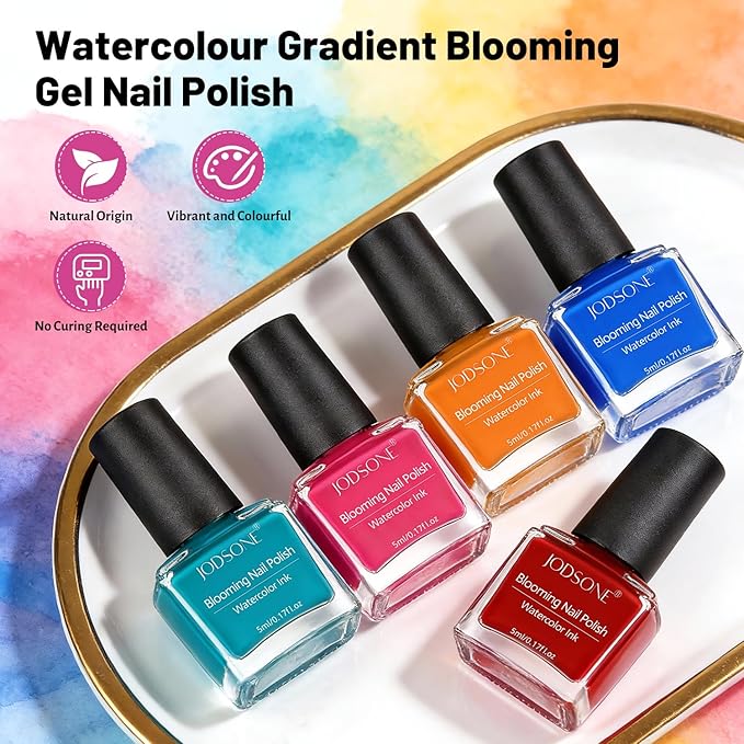 JODSONE Marble Nail Polish, Blooming Gel Marble Ink for Nails 12 Colors Blue Purple Pink Ink Magic Watercolor Blooming Marble Effects Gel Nail Polish at Home DIY Nail Art Flower Design