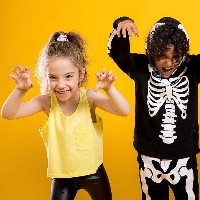 MISS NELLA Halloween Special Glitter Kids Nail Polish 3 Pack: Poppy Fields (orange), Surprise Party (black glitter) & Class Clown (red), Peel-off, Non- toxic, Water Based Formula