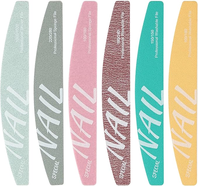 Nail Files and Buffers Kit 6Pcs 100/150/180/220/240/280/1000/4000 Grit Professional Emery Boards Reusable Washable Coarse Nail File for Gel Nails