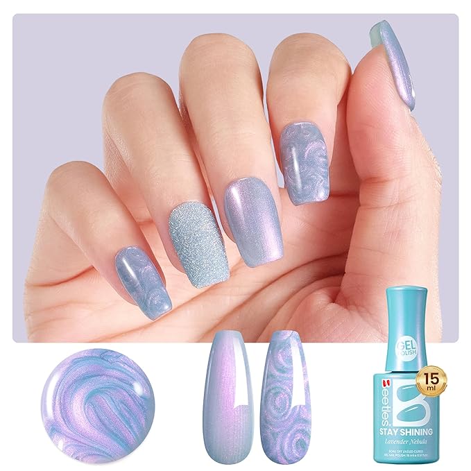 Beetles Pearl Gel Nail Polish - 15ml Stay Shining Lavender Nebula Gel Polish Blue Shimmer Purple Sparkle Thread Effect Nail Art Uv Led Home Salon Long-Lasting Soak-Off Nail Gel Gift for Women