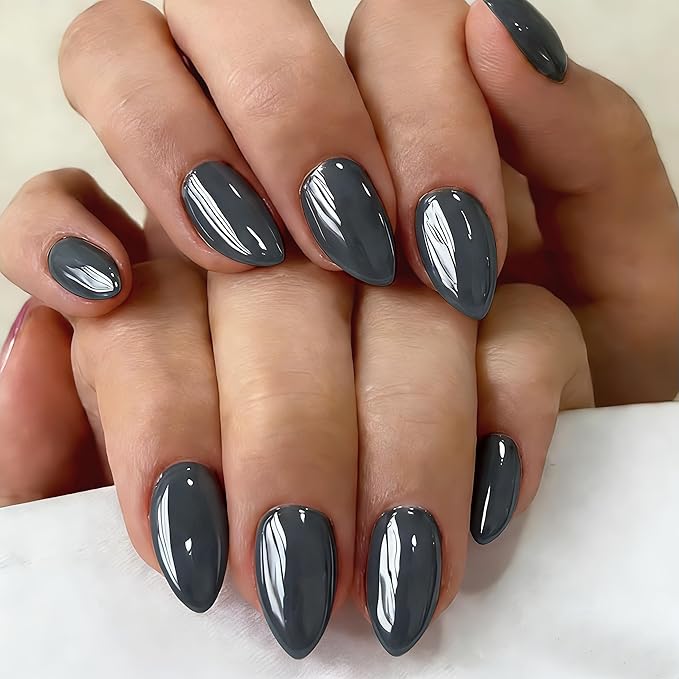 Chrome Dark Black Press on Nails Short Almond, Glazed Cute Fake Nails with Sparkle Mirror Design, Shiny Glitter Glue on Nails Stiletto, Gel Nail Press ons with Glue for Fingernail 30 Pcs