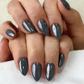 Chrome Dark Black Press on Nails Short Almond, Glazed Cute Fake Nails with Sparkle Mirror Design, Shiny Glitter Glue on Nails Stiletto, Gel Nail Press ons with Glue for Fingernail 30 Pcs