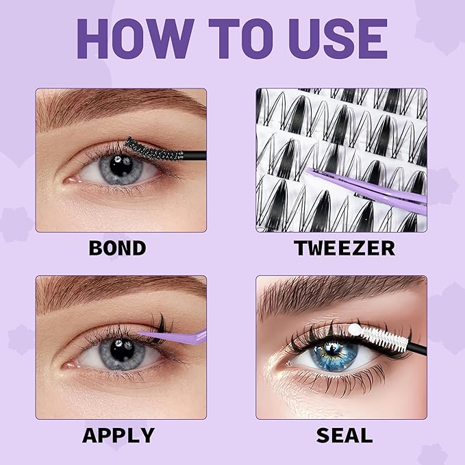 Lash Clusters Kit Multiple Styles Mixed Length Eyelash Set Includes 2 Lash Bond and Seal & 2 Lash Remover 1 Tweezers For DIY Lash Extensions Kit At Home